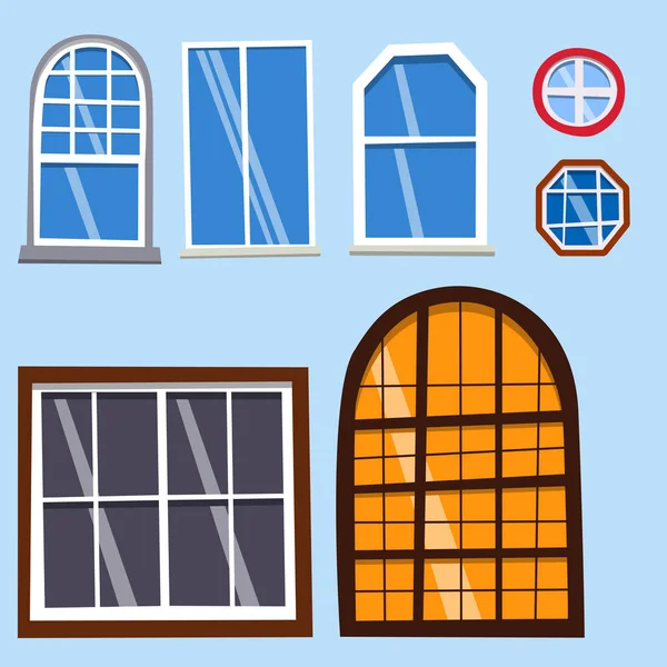 Diferentes tipos casa ventanas elementos estilo plano marcos construcción decoración apartamento vector ilustración . — Vector de stock