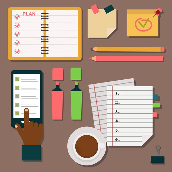 Notebook agenda zakelijke notitie plan werk herinnering planner organisator vectorillustratie. — Stockvector