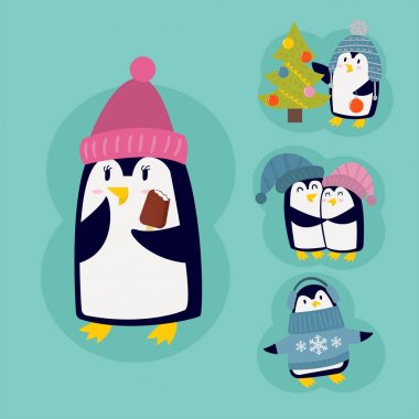Penguen Noel vektör çizim karakter karikatür komik şirin hayvan Antarktika kutup Gaga kutup kış kuş.