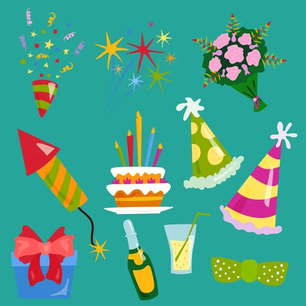 Party icons celebration happy birthday surprise decoration cocktail event anniversary vector. — Stock Vector