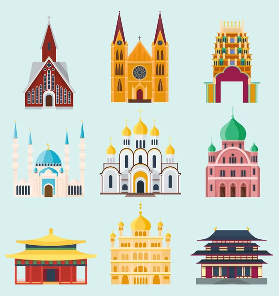 Cathédrales et églises bâtiment temple point de repère vecteur touristique — Image vectorielle
