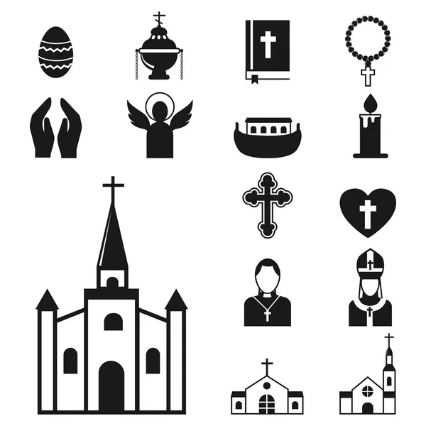 Cristianesimo religione piatto icone vettore illustrazione della tradizionale santa silhouette religiosa nera pregare le persone — Vettoriale Stock