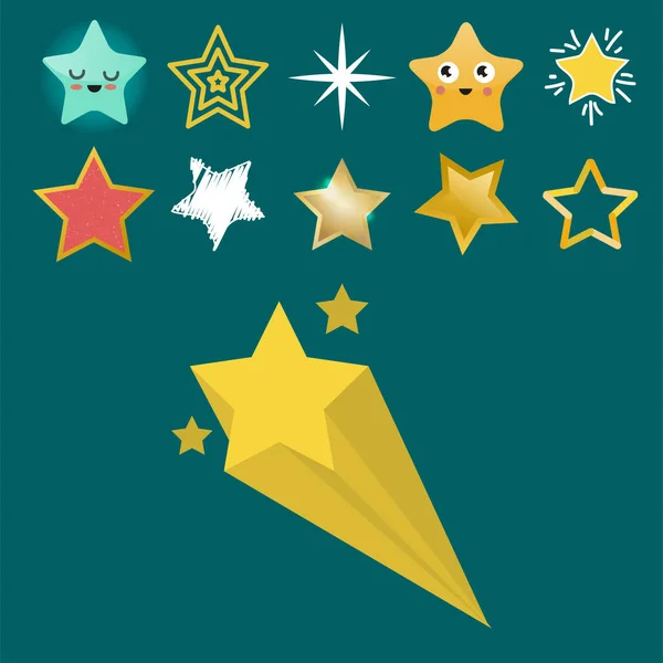 Λαμπερό αστέρι εικονίδια σε διαφορετικό ύφος επεσήμανε πενταγωνικό χρυσό βραβείο αφηρημένο σχέδιο doodle νύχτα καλλιτεχνικό σύμβολο εικονογράφηση διάνυσμα. — Διανυσματικό Αρχείο