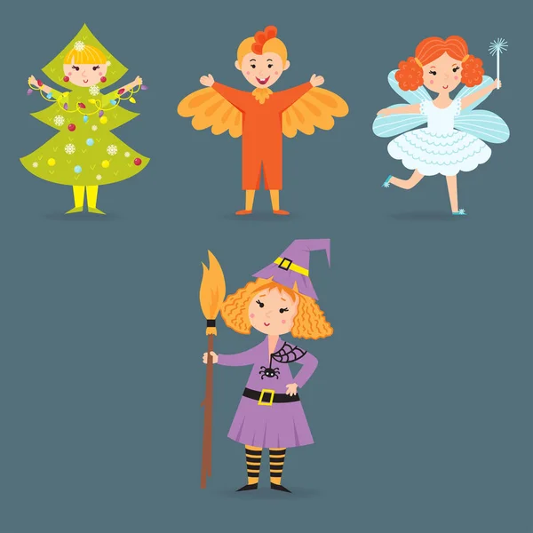 Lindos niños con trajes de Navidad personajes vectoriales gente pequeña niños alegres aislados vacaciones ilustración — Archivo Imágenes Vectoriales