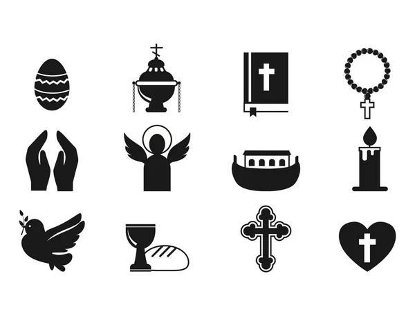Cristianesimo religione piatto icone vettore illustrazione della tradizionale santa silhouette religiosa nera pregare le persone — Vettoriale Stock