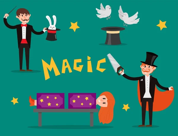 Magician prestidigitador ilusionista personagem truques malabarista vetor ilustração mágico conjugador mostrar cartoon homem —  Vetores de Stock