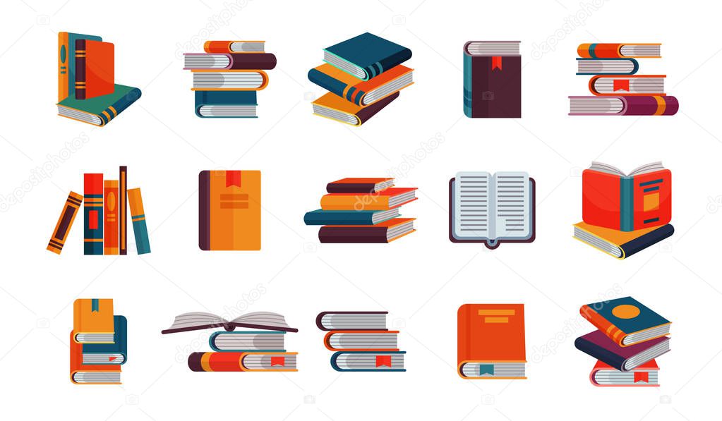 Books vector stack of textbooks and notebooks on bookshelves reading literature in library or bookstore bookish cover illustration set isolated on white background