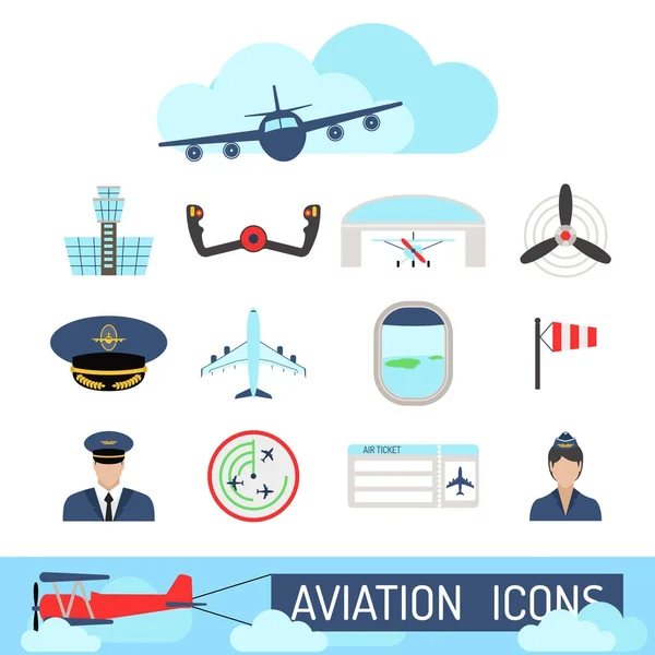 Iconos de aviación conjunto estación aérea aeropuerto símbolos salida terminal avión azafata turismo vector ilustración — Vector de stock