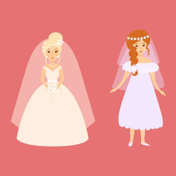Matrimonio spose personaggi vettore illustrazione celebrazione matrimonio moda donna cartone animato ragazza bianco abito da cerimonia — Vettoriale Stock