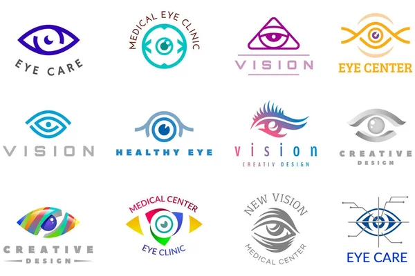 Olho logotipo vetor olho ícone olhos olhar visão e cílios logotipo de cuidados médicos óptica supervisão da empresa ilustração isolada no fundo branco — Vetor de Stock