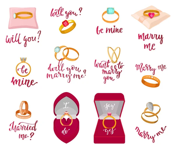 Wedding rings vector marriage proposal merry me text or wed lettering married me and textual calligraphy for bridal celebration invitation or card isolated on white background illustration