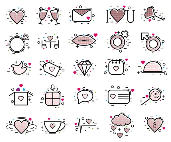 Valentines day icons vector heart in love and lovely red sign on hearted celebration and greeting card with loving and heartiness set illustration isolated on white background — Stock Vector