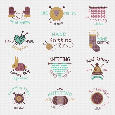 Logo örerken yünlü malzeme ve handknitting illüstrasyon izole beyaz arka plan üzerinde örgü iğneleri logo vektör yün Triko veya örme Yün çorap