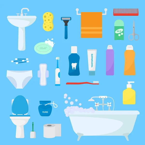 Higiene cuidado personal vector artículos de tocador conjunto de productos de baño higiénicos y accesorios de baño jabón champú o gel de ducha para el cuidado del cuerpo iconos ilustración aislado en el fondo — Vector de stock