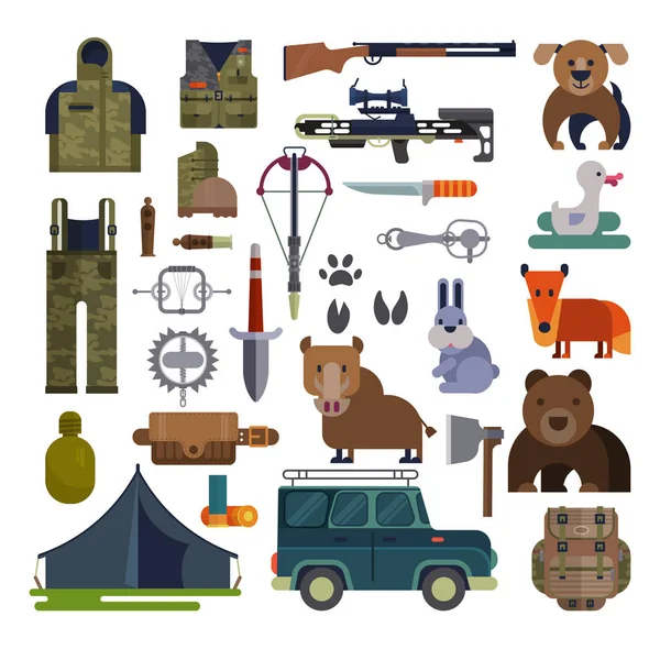 Chasse vectorielle chasse munitions ou chasseurs équipement fusil tir et sac à dos dans le camping avec des animaux canard ours, sanglier et chien de chasse ensemble illustration isolé sur fond blanc — Image vectorielle