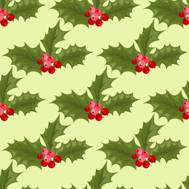 Noel dekoratif holly dalları kış kırmızı meyveler seamless modeli herdem yeşil çiçekli bitki vektör çizim ile bırakır.
