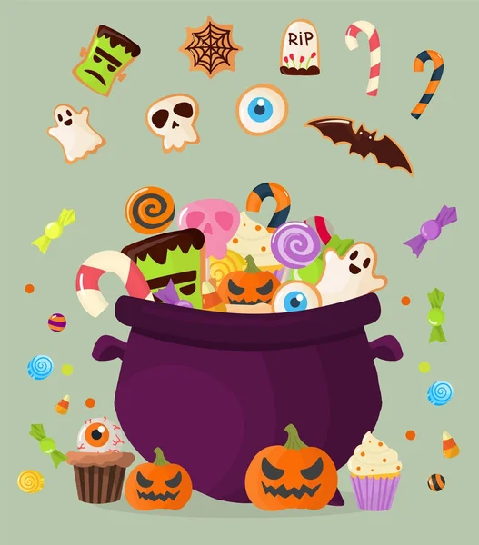 Halloween fiesta caldero coloridos dulces cupcakes piruletas jalea frijoles galletas pastel caramelos vector ilustración . — Vector de stock