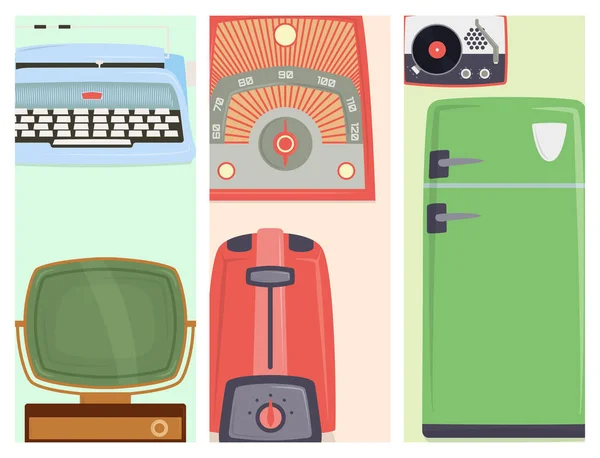 Retro vintage electrodomésticos utensilios de cocina tarjetas antiguas diseño tecnología utensilio vector ilustración . — Vector de stock