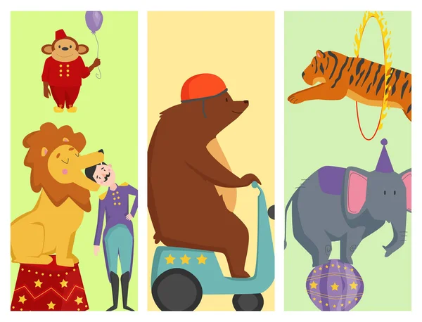 Цирк смішні тварини веселі картки дизайн зоопарк розваги чарівник виконавець карнавальна ілюстрація — стоковий вектор