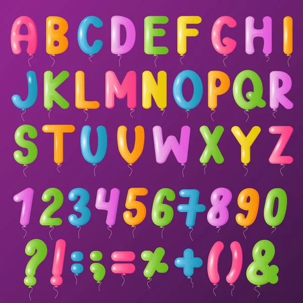 Balões engraçado Aniversário texto alfabeto vetor símbolos letras grande conjunto desenhos animados —  Vetores de Stock