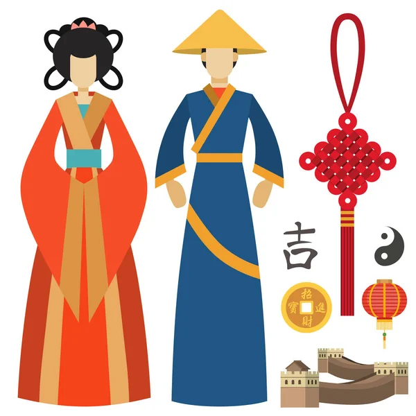 Chine homme et femme culture orientale symboles traditionnels chinois illustration vectorielle — Image vectorielle