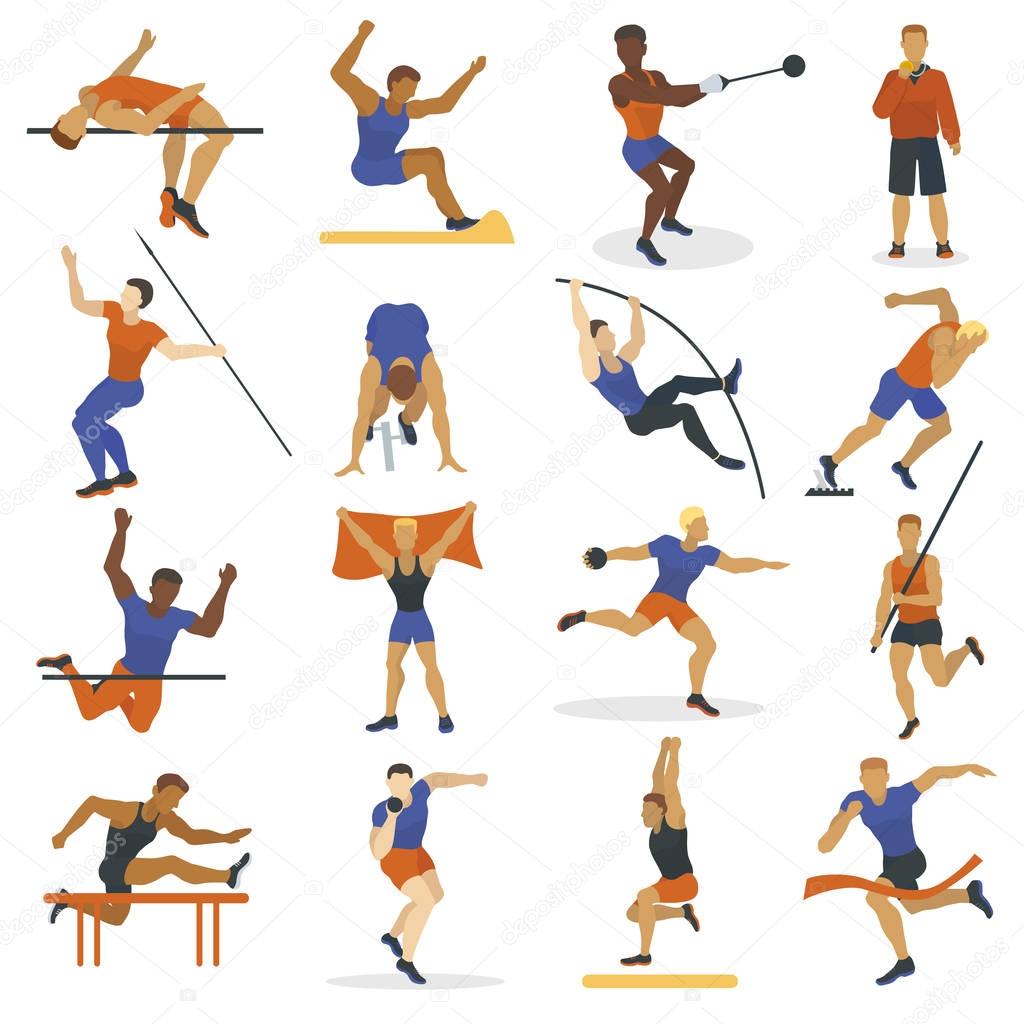 High jump athlete sport men athletics characters silhouette doing different track vector illustration.