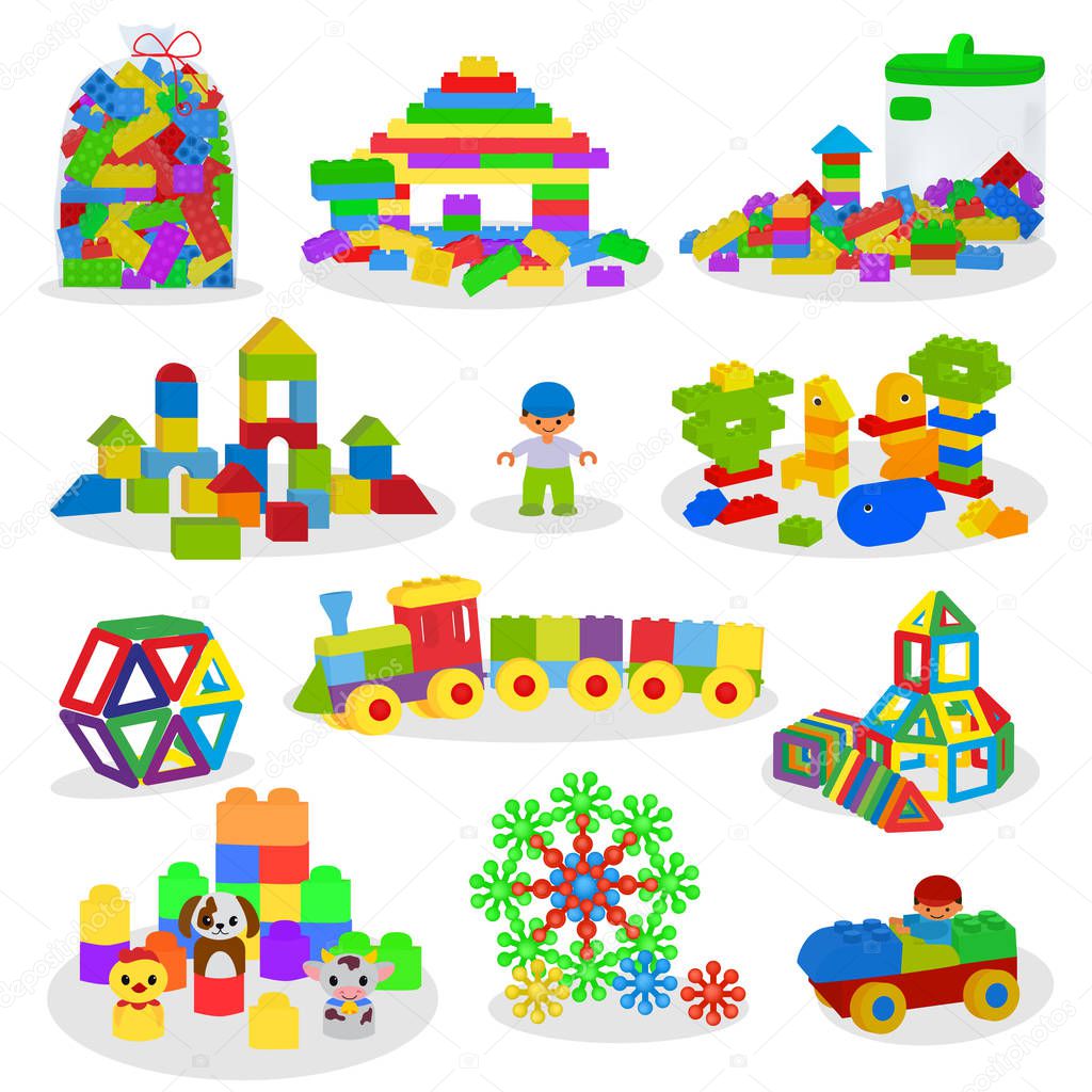 Kids building blocks vector baby toys colorful bricks for construction in playroom where children build or construct tower illustration set of child blocks games isolated on white background