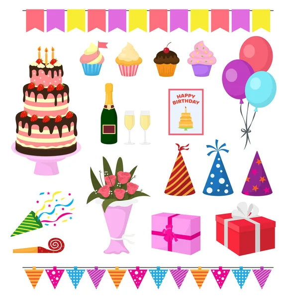 Narozenin strany vektorové výročí kreslené děti urození dort nebo košíček oslava s dary a narozeniny balónky pro děti nebo dospělí set ilustrace izolované na bílém pozadí — Stockový vektor