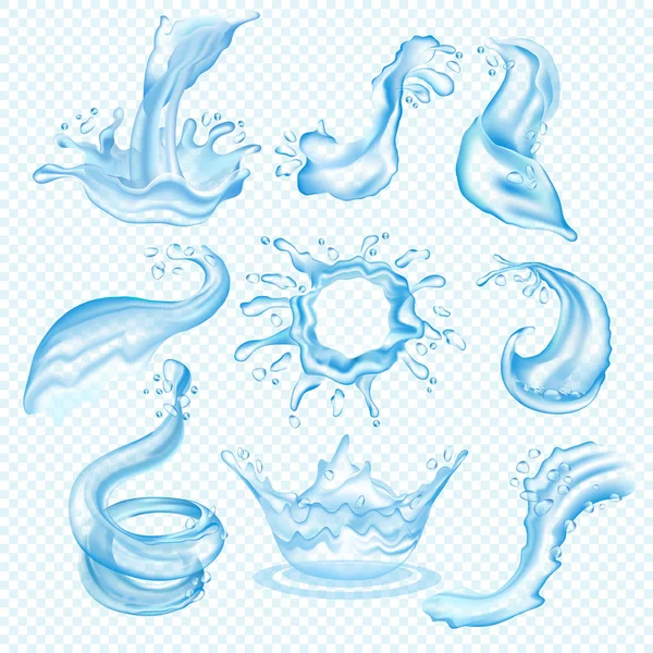 瀑布透明溅液水水波飞溅矢量水滴在白色背景上隔离的浇灌插图 — 图库矢量图片