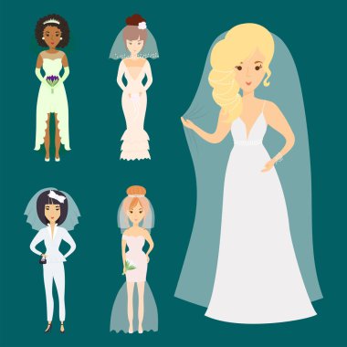 İllüstrasyon kutlama evlilik moda kadın karikatür kız beyaz töreni elbise düğün gelinler karakter vektör