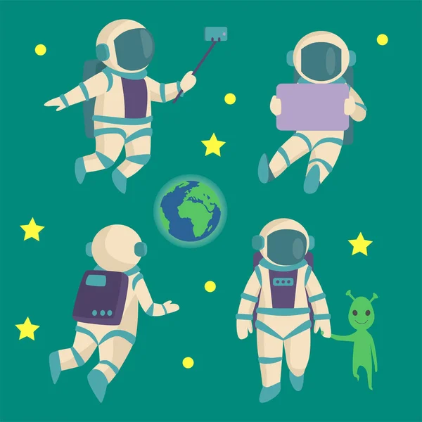 Astronautas vectores en el espacio, personaje de trabajo y divertirse astronauta galaxia atmósfera sistema de fantasía viajero hombre . — Vector de stock