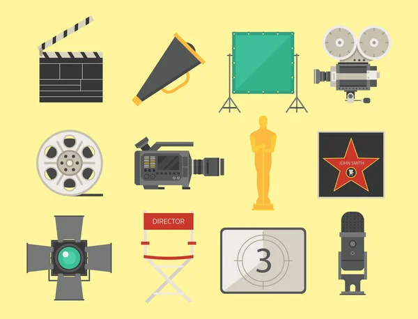 Cine película haciendo tv show herramientas equipo símbolos iconos vector cinematografía ilustración . — Vector de stock