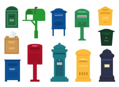 Posta kutusu vektör posta posta kutusu veya Amerikan veya Avrupa posta posta mektup ve postboxes'dır Editöre Mektuplar çeşitli ülkeler illüstrasyon izole beyaz arka plan üzerinde gönderilecek kümesi