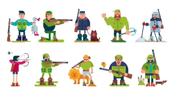 Hunter vector personaje de dibujos animados de cazador de caza con pistola en el bosque y el hombre en la caza sombrero con rifle o escopeta ilustración conjunto aislado sobre fondo blanco — Vector de stock