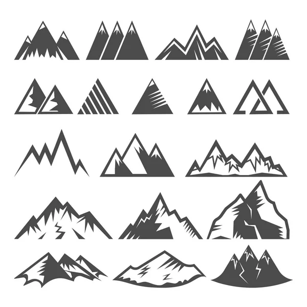 Logotipo de montaña logo de montaje vectorial pico de monte e invierno valles montañosos senderismo montañismo escalada en roca o viajar en alpes ilustración conjunto de iconos aislados sobre fondo blanco — Vector de stock