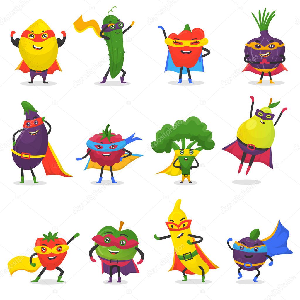 Superhero fruits vector fruity cartoon character of super hero expression vegetables with funny apple banana or pepper in mask illustration fruitful vegetarian diet set isolated on white background