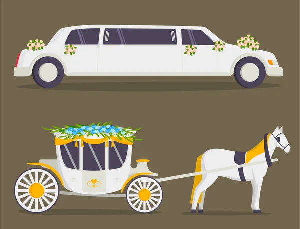 Wedding fashion transportation traditional auto expensive retro ceremony bride transport and romantic groom marriage beauty love automobile vector illustration. — Stock Vector