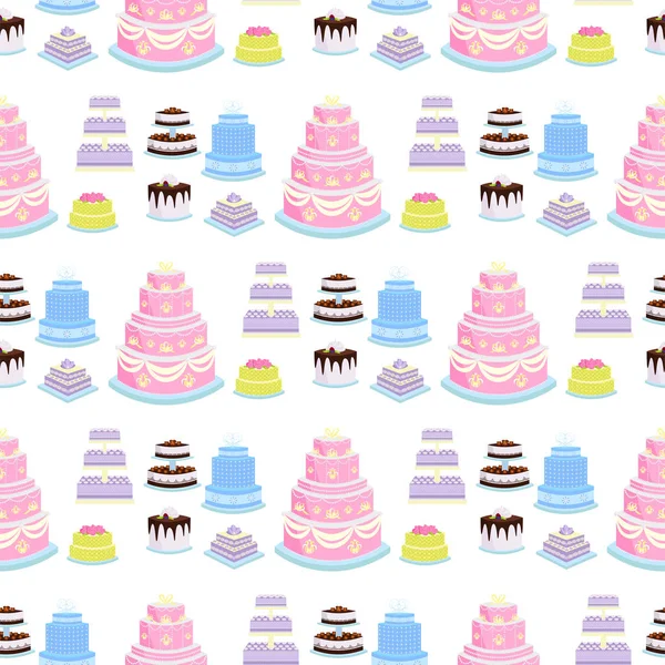 Esküvői torta torta édesség desszert pékség lakás egyszerű stílus varrat nélküli mintát háttér sült étel vektoros illusztráció. — Stock Vector