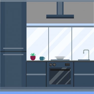 Modern mutfak lüks konak konut iç. Ev mimarisi yeni modern mobilya vektör çizim.