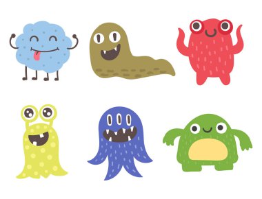 Komik karikatür canavar sevimli uzaylı karakteri yaratık mutlu illüstrasyon şeytan renkli hayvan vektör.