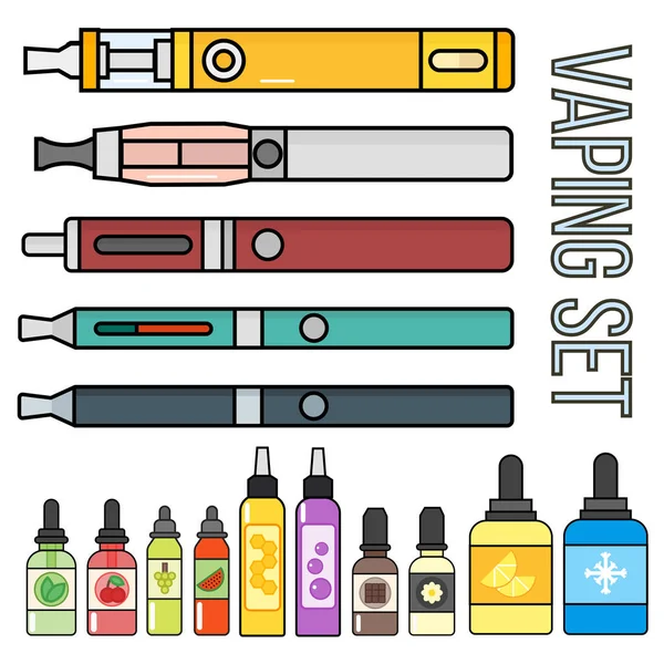 Vape device vector set cigarette vaporizer vapor juice bottle flavor illustration battery coil. — Stock Vector