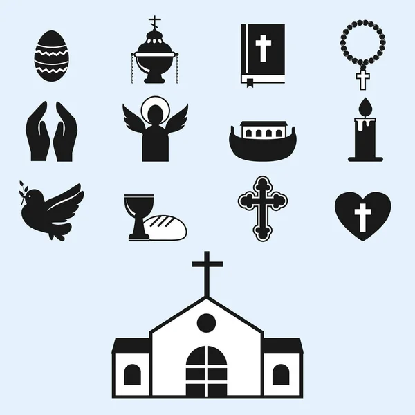 Christendom-Religie plat pictogrammen vector illustratie van traditionele heilige religieuze zwarte silhouet mensen bidden — Stockvector