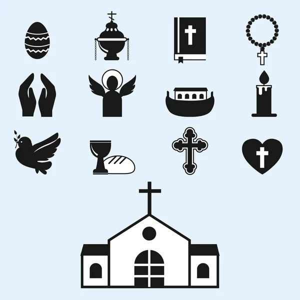 Cristianesimo religione piatto icone vettore illustrazione della tradizionale santa silhouette religiosa nera pregare le persone — Vettoriale Stock