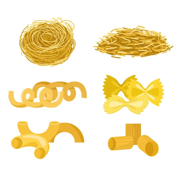 Diferentes tipos de pasta de trigo integral fideos de arroz alimentos ecológicos macarrones nutrición amarilla productos de la cena vector ilustración — Vector de stock