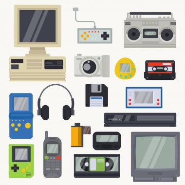 Retro teknoloji vektör vintage bilgisayar teknoloji ve beyaz arka plan üzerinde izole disket illüstrasyon teknolojik seti ile eski pc monitör