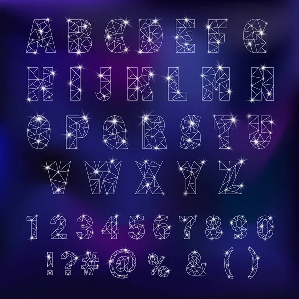 Alphabet ABC vector alphabetical font constellation with letters from stars astromomy alphabetic typography illustration isolated on night background — Stock Vector