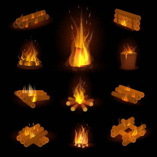 Feuerflamme oder Brennholzvektor befeuert loderndes Lagerfeuer im Kamin und brennbares Lagerfeuer Illustration feurig oder flammig mit Flächenbrand isoliert auf transparentem Hintergrund — Stockvektor