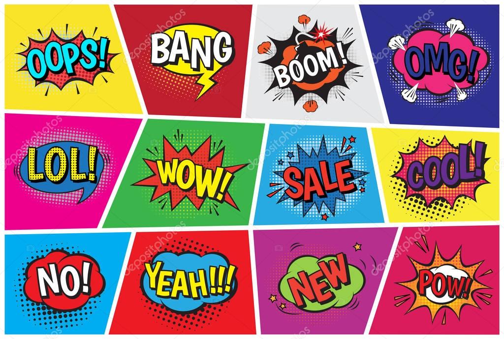 Pop art comic vector speech cartoon bubbles in popart style with humor text boom or bang bubbling expression asrtistic comics shapes set isolated on background illustration