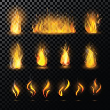 Yangın alev vektör alevli ateşin içinde şömine ateş ve şeffaf arka plan üzerinde izole orman yangını ile yanıcı kamp ateşi resimde ateşli veya flamy ayarla