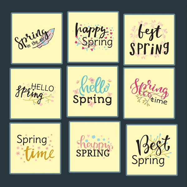 Merhaba bahar zaman vektör metin tebrik kartı özel ilkbahar tipografi el yazı bahar grafik illüstrasyon rozet çizilmiş — Stok Vektör
